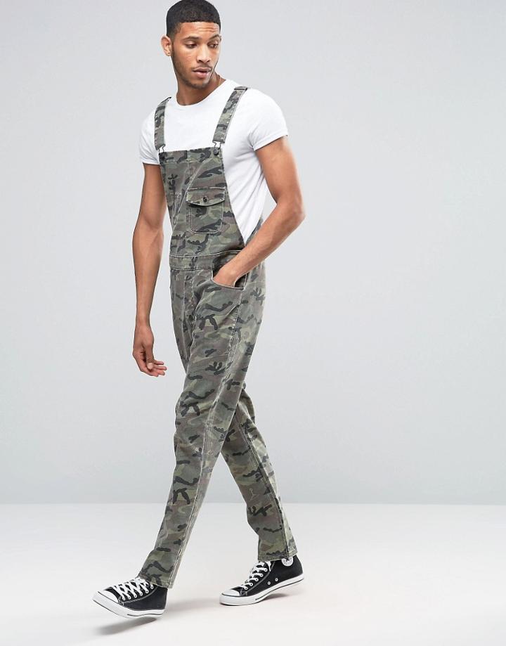 Asos Camo Overalls In Khaki Herringbone - Green