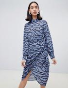 Lost Ink Wrap Shirt Dress In Abstract Animal Print - Blue