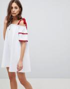 Asos Tie Cold Shoulder Sundress With Pom Pom Detail Sleeves - White