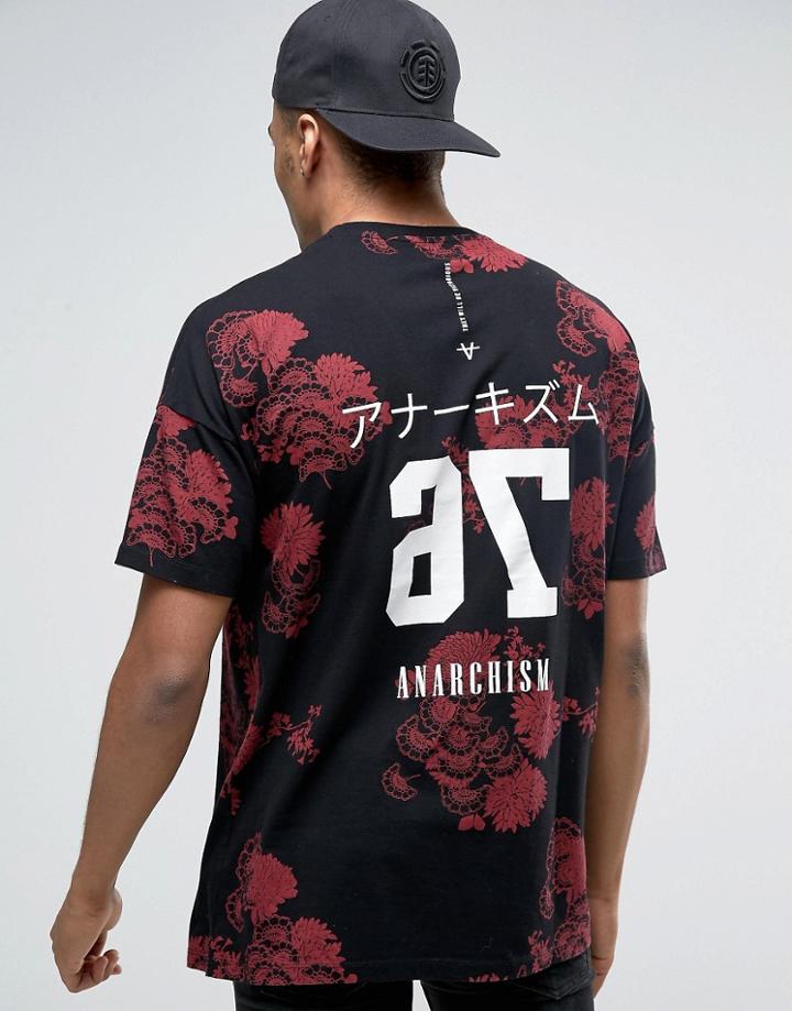 Asos Oversized Longline T-shirt With Floral All Over Print And Text Ba