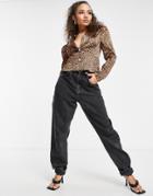 Asos Design Long Sleeve Tux Top With Diamante Buttons In Leopard Print-multi