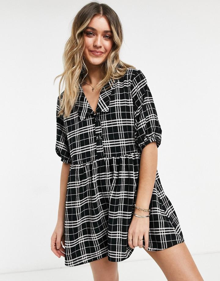 Asos Design Short Sleeve Collar Romper In Check-multi
