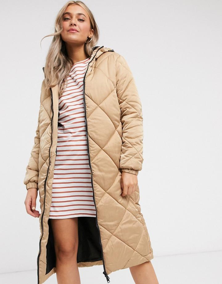 Brave Soul Jaz Satin Longline Puffer Coat-brown