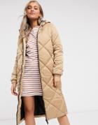 Brave Soul Jaz Satin Longline Puffer Coat-brown