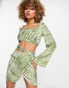 Asos Design Long Sleeve Cowl Front Top In Olive Animal Print - Part Of A Set-multi