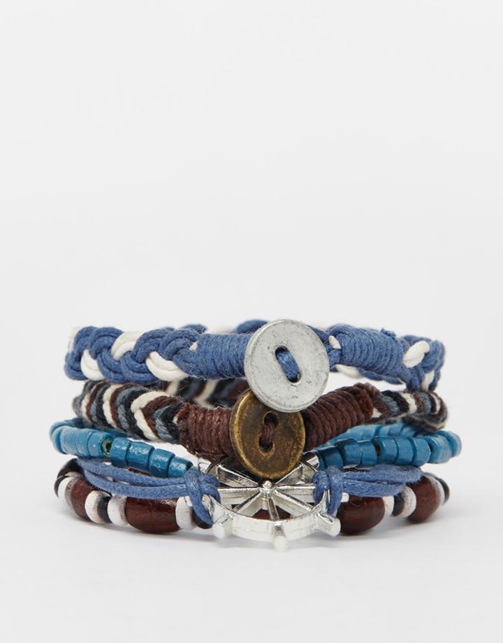 Asos Leather Bracelet Pack With Nautical Charms In Blue - Brown
