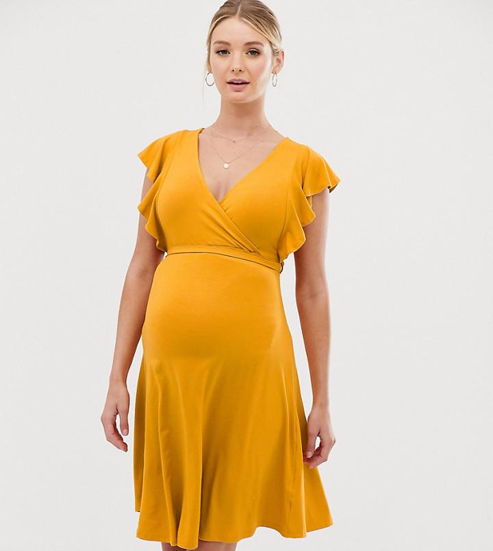 New Look Maternity Jeresey Frill Sleeve Wrap Dress In Yellow - Yellow