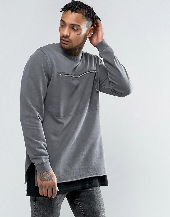 Asos Oversized Longline Sweatshirt With Zip Chest Pocket - Gray
