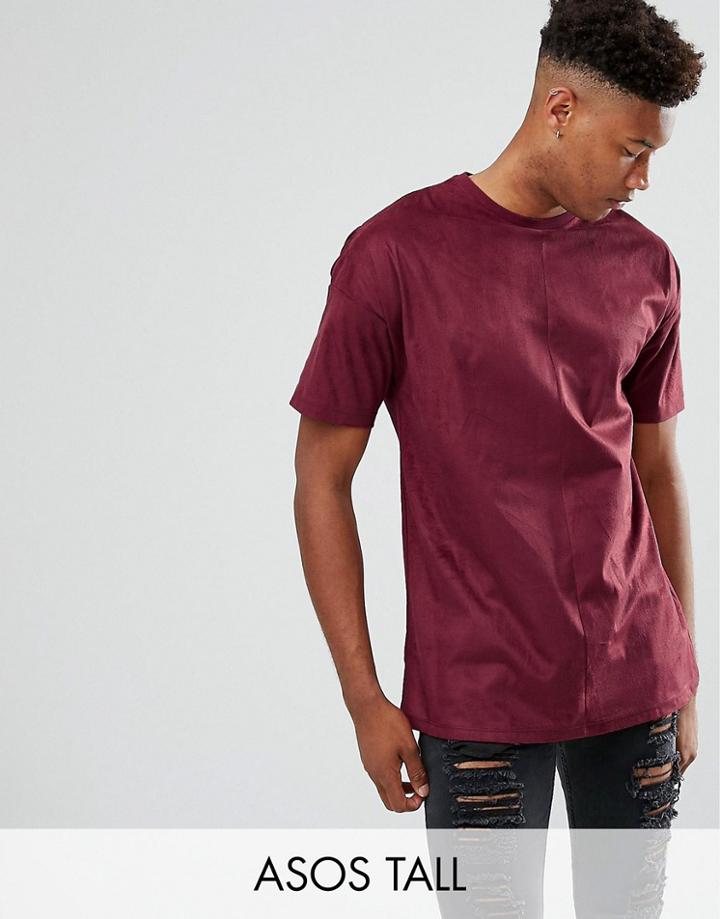 Asos Tall Oversized T-shirt In Faux Suede In Burgundy - Red