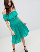 Brave Soul Petal Midi Dress With Frill Bardot - Green
