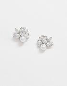 True Decadence Crystal And Pearl Cluster Stud Earrings-silver