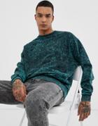 Asos Design Oversized Sweatshirt With Nibbling In Green Acid Wash - Green