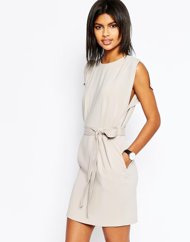 Asos Belted Mini Dress With Split Cap Sleeve And Pencil Skirt - Gray