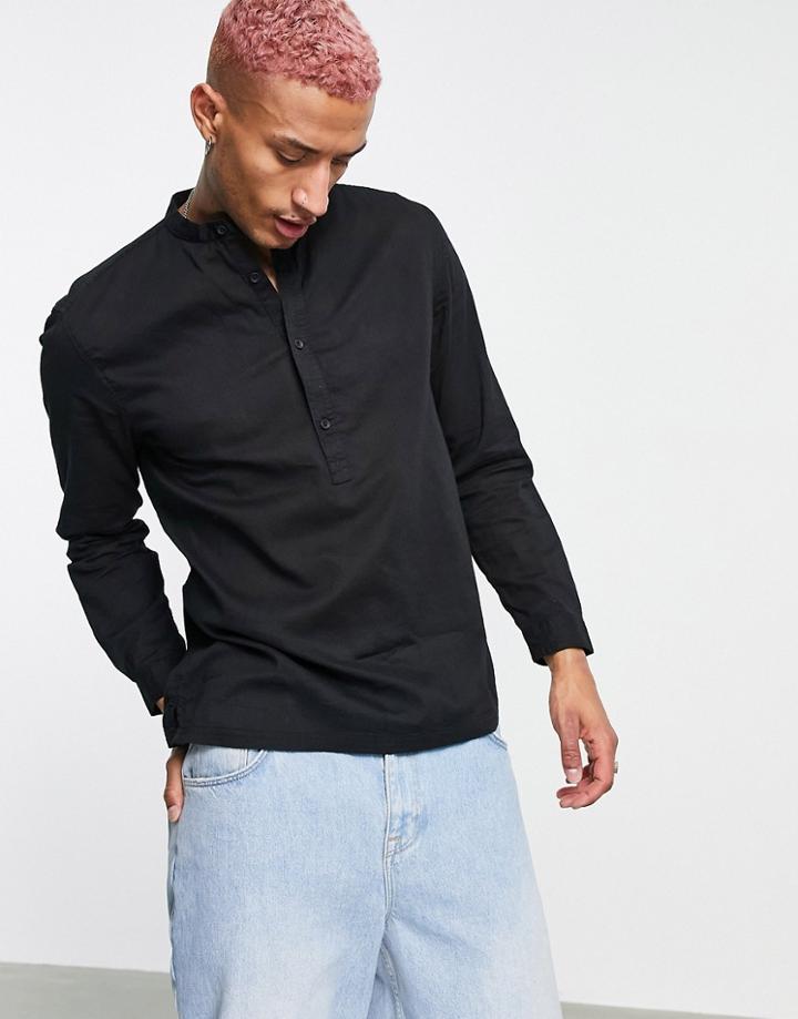 Bershka Grandad Collar Textured Shirt In Black