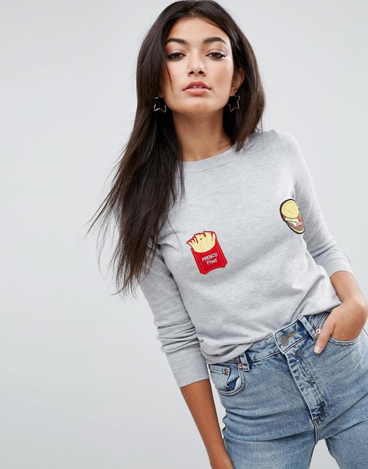 Asos Sweater With Burger And Fries Badges - Gray