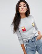 Asos Sweater With Burger And Fries Badges - Gray