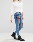 Parisian Rose Embroidered Skinny Jeans - Blue