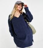Topshop Maternity Long Line V Neck Knit Sweater In Navy