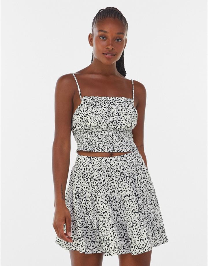 Bershka Floral Skater Skirt Set In Mono-black