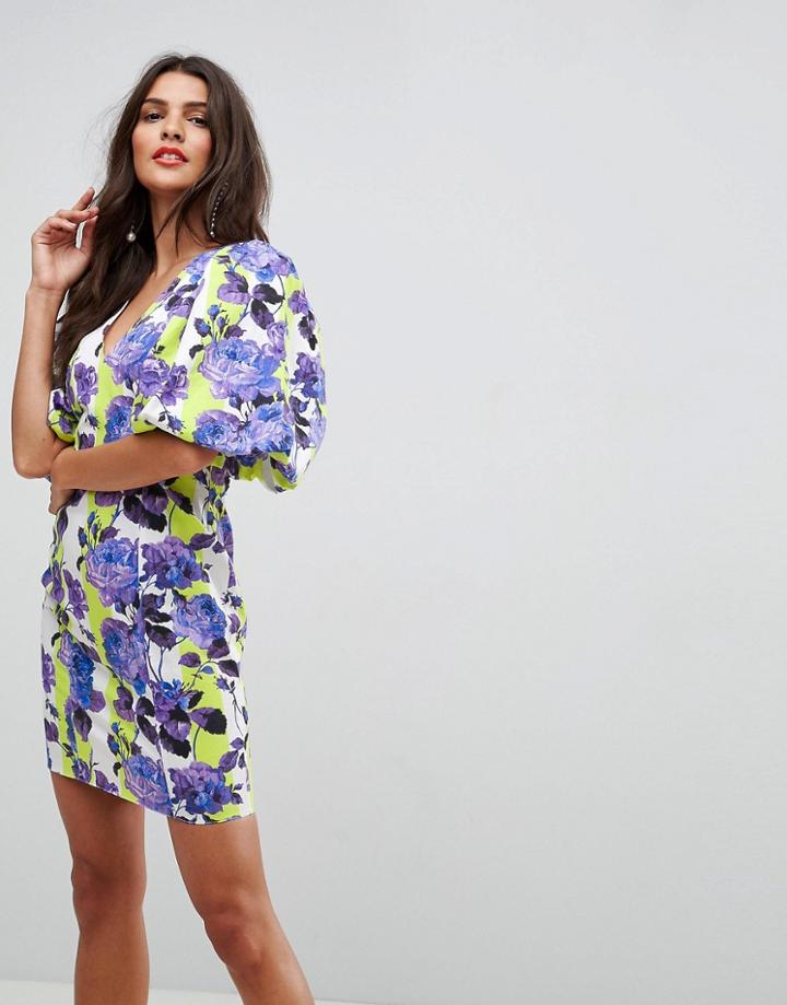 Asos Puff Sleeve Mini Dress In Bright Floral And Stripe - Multi