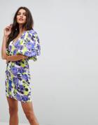 Asos Puff Sleeve Mini Dress In Bright Floral And Stripe - Multi