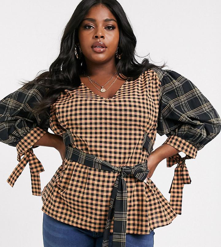 Asos Design Curve Long Sleeve V Neck Top With Belt Detail In Mixed Check Print-no Color