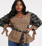Asos Design Curve Long Sleeve V Neck Top With Belt Detail In Mixed Check Print-no Color