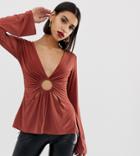 Prettylittlething Slinky Top With Ring Detail In Rust - Brown
