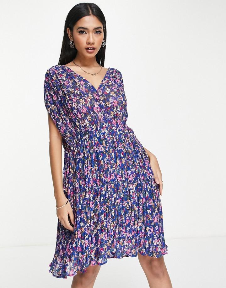 Mango Plisse Mini Dress In Navy Floral-multi