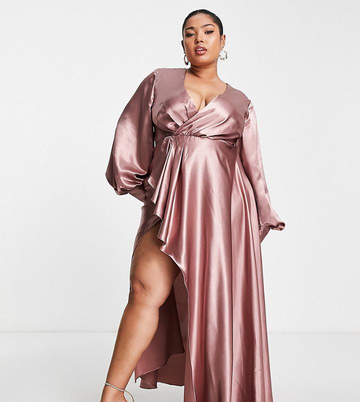 Yaura Plus Balloon Sleeve Thigh Split Maxi Dress In Mink-neutral