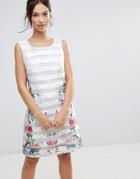 Amy Lynn Mesh Striped Shift Dress With Floral Panel - White