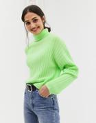 Asos Design Fluffy Sweater In Rib With Roll Neck-green