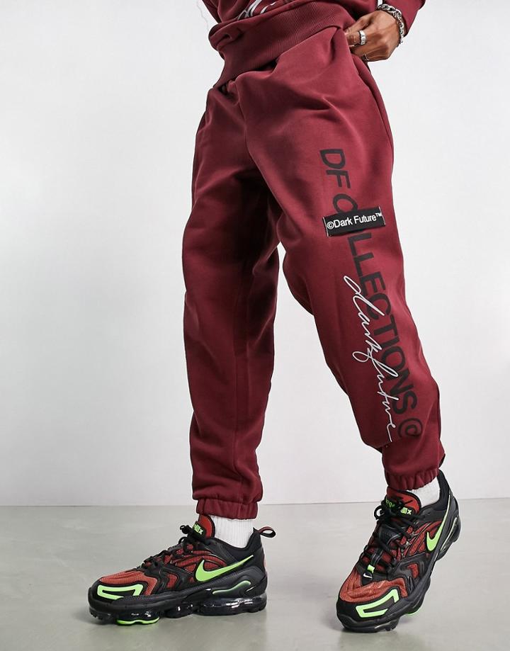Asos Dark Future Oversized Sweatpants With Multiple Logos In Burgundy - Part Of A Set-red