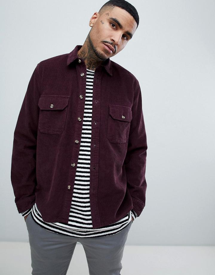 Asos Design Cord Overshirt In Burgundy - Red
