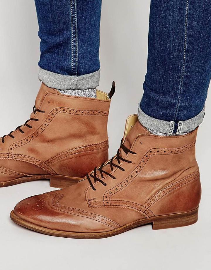 Asos Brogue Boots In Washed Tan Leather - Tan