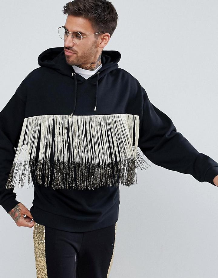 Asos Oversized Hoodie With Gold Fringing - Black