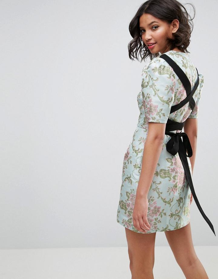 Asos Premium Tie Back Dress In Floral Jacquard - Multi
