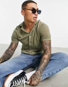 Asos Design Knit Button Up Shirt In Khaki-green