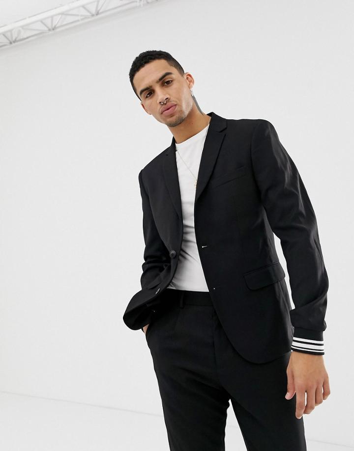 Solid Party Suit Blazer With Stripe Cuff Sleeve In Black - Black