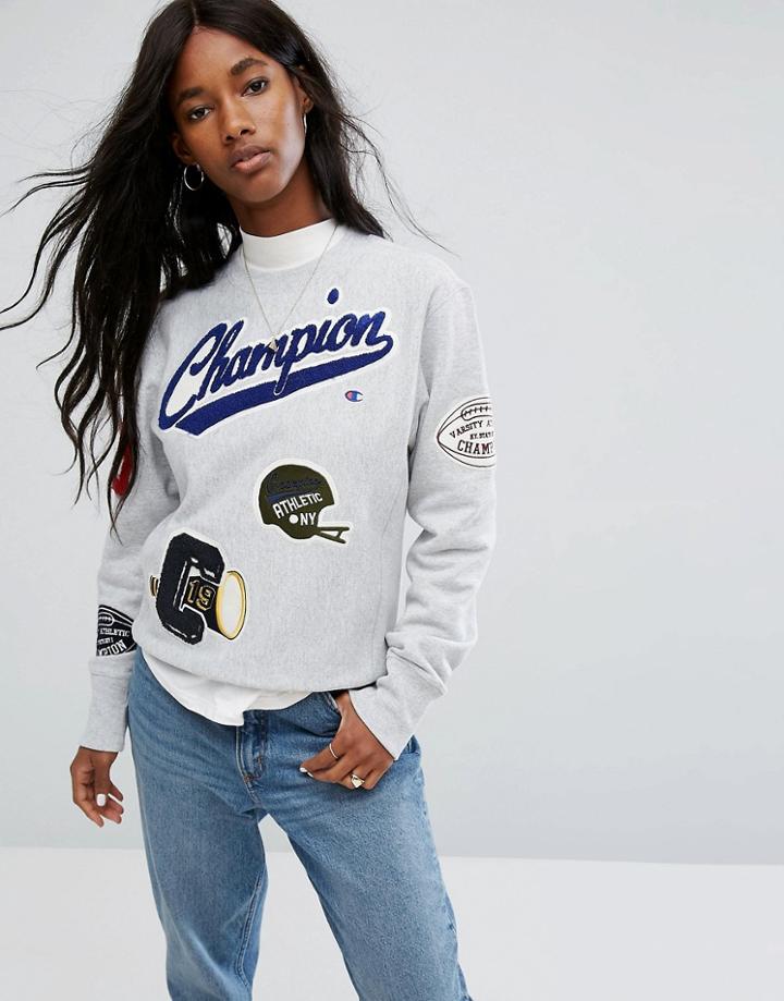 Champion Crew Neck Sweatshirt With Varisty Patches - Gray