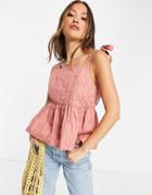 Asos Design Square Neck Smock Sun Top With Tie Straps In Textured Grid In Rose-pink