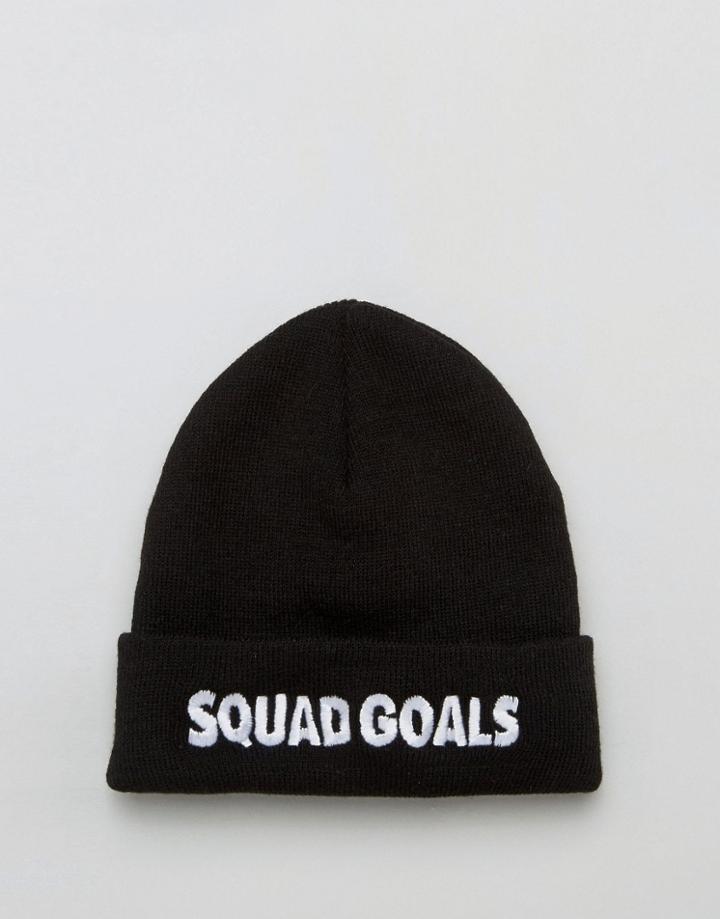 Asos Beanie With Squad Goals Embroidered Slogan - Black