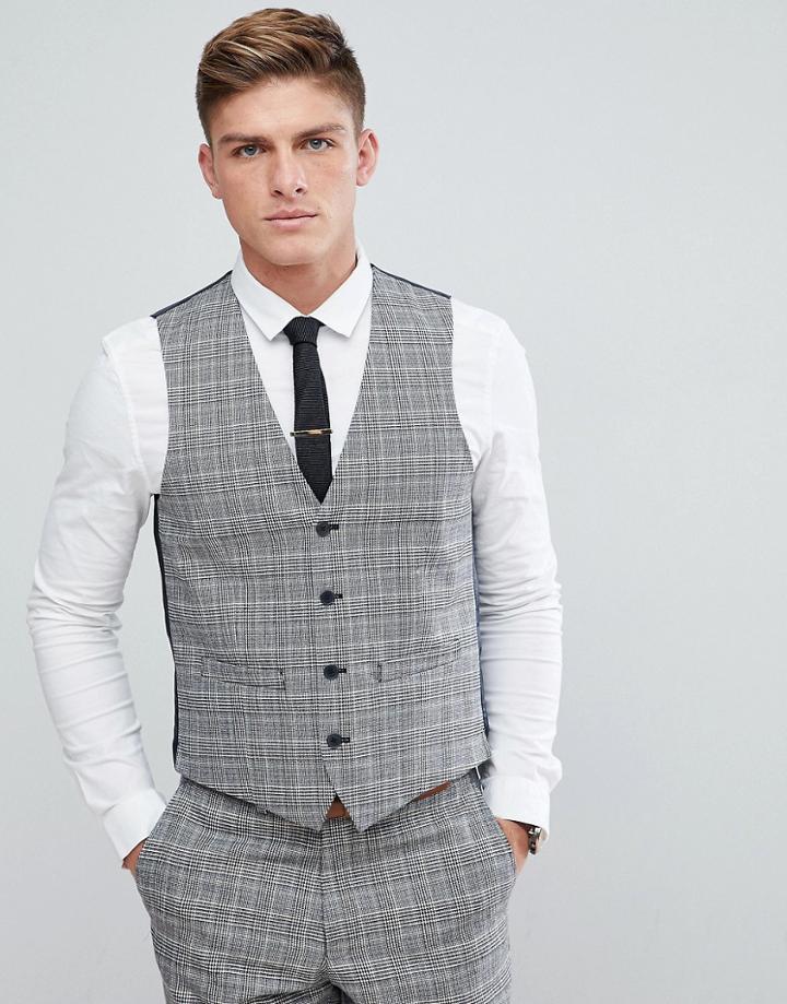 French Connection Prince Of Wales Blue Check Slim Fit Suit Vest