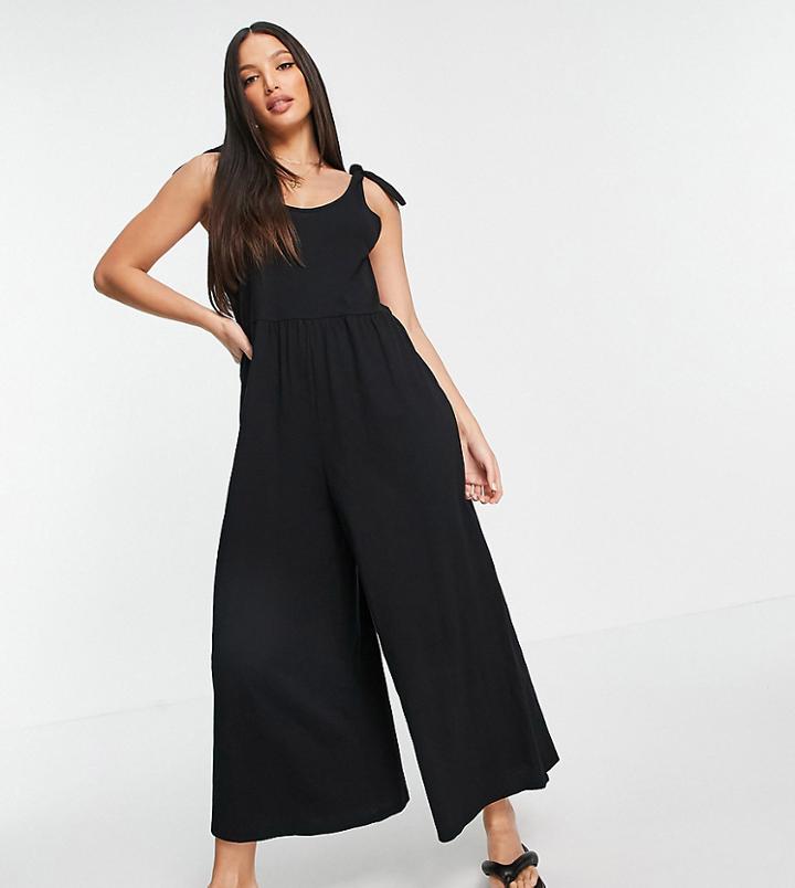 Asos Design Tall Tie Shoulder Smock Jumpsuit In Black