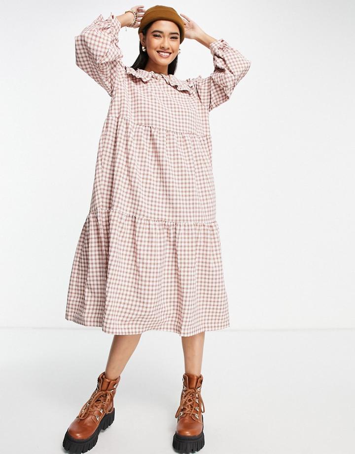 Lola May Ruffle Collar Midi Smock Dress In Gingham-brown