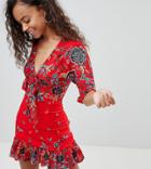 Parisian Petite Floral Tea Dress With Tie Front - Red