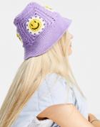 Asos Design Crochet Bucket Hat With Happy Detail-purple
