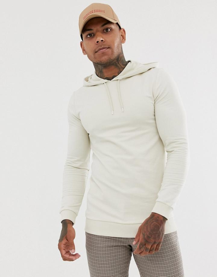 Asos Design Longline Muscle Hoodie In Beige - Beige
