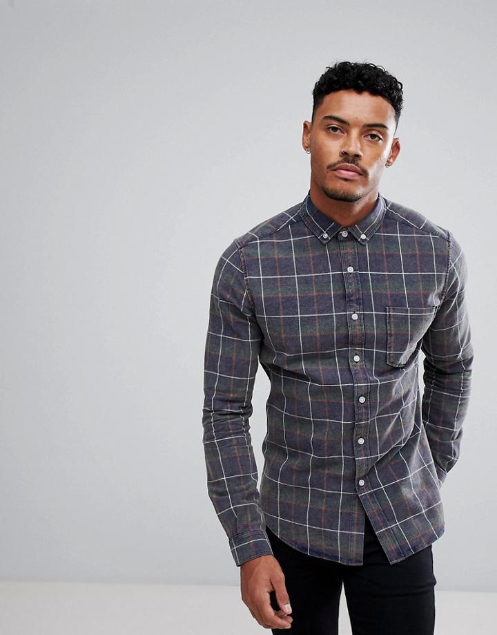 Asos Skinny Check Shirt With Acid Wash - Green