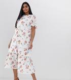 Fashion Union Plus Drop Hem Midi Dress In Floral - White